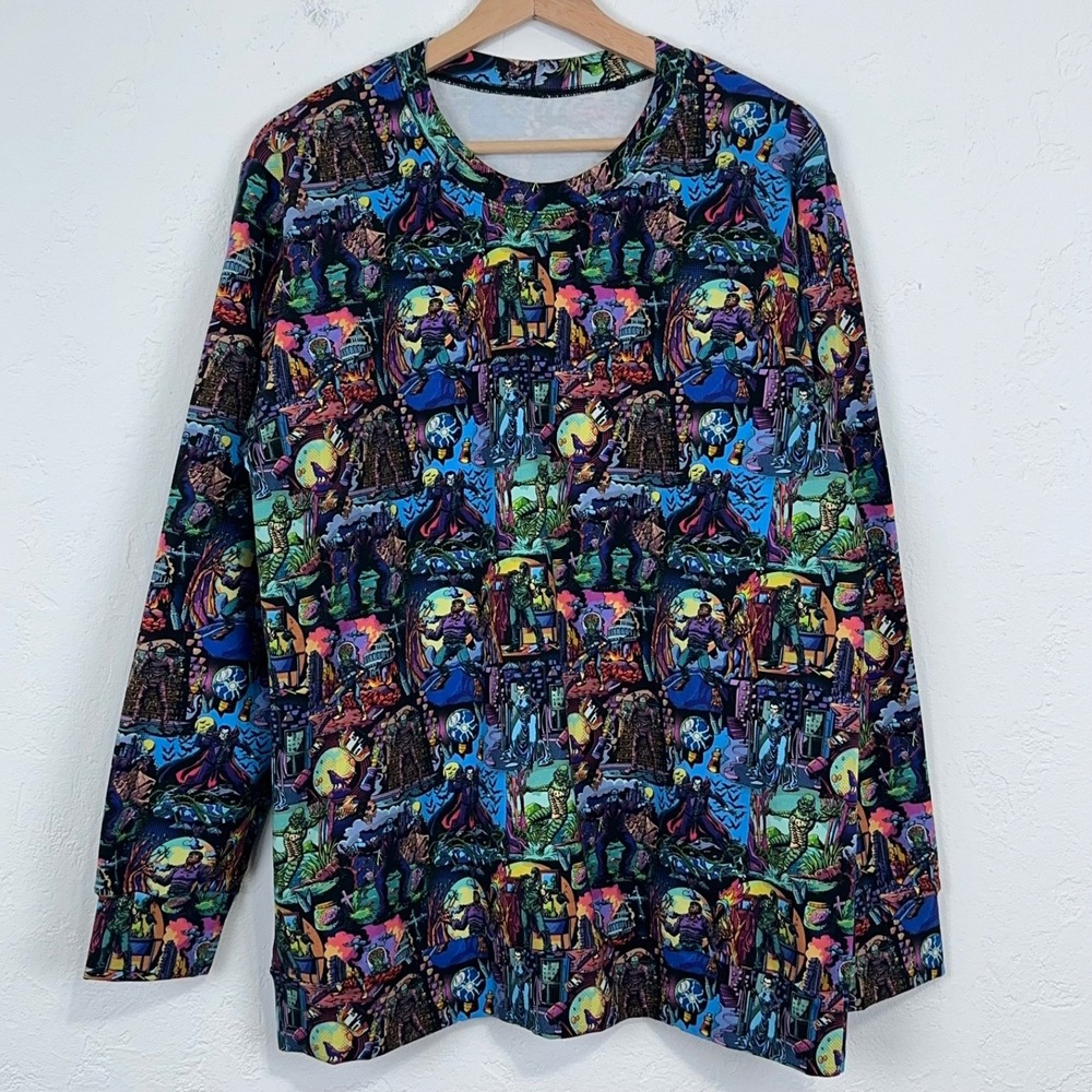 Mens Halloween Classic Horror Shirt Size Large Dracula Frankenstein Werewolf AOP